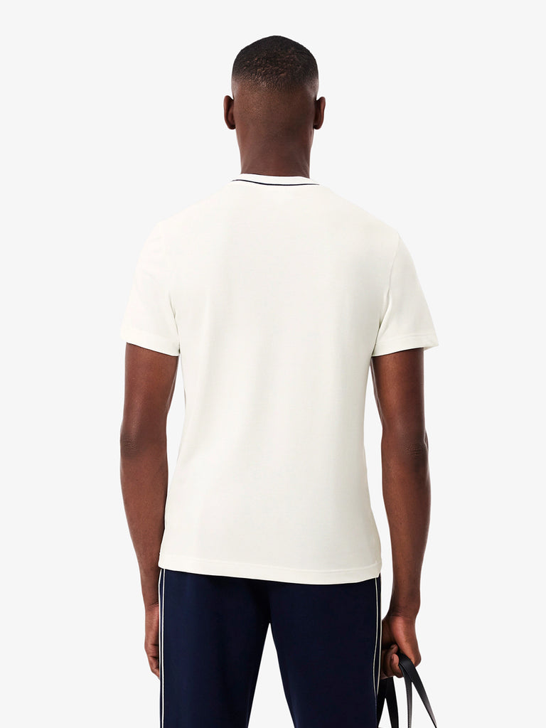 LACOSTE T-shirt in piqué elasticizzato con colletto a righe uomo panna cotone