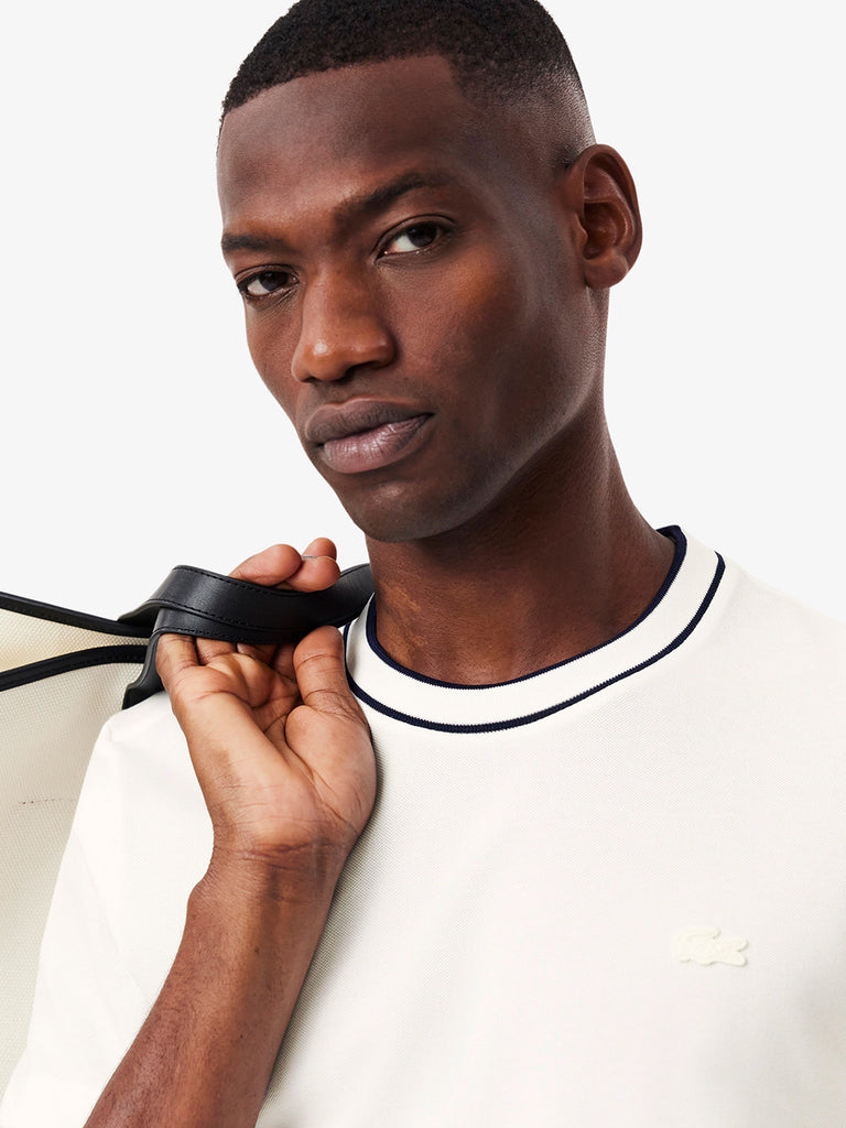 LACOSTE T-shirt in piqué elasticizzato con colletto a righe uomo panna cotone