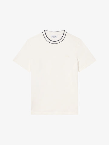 LACOSTE T-shirt in piqué elasticizzato con colletto a righe uomo panna cotone