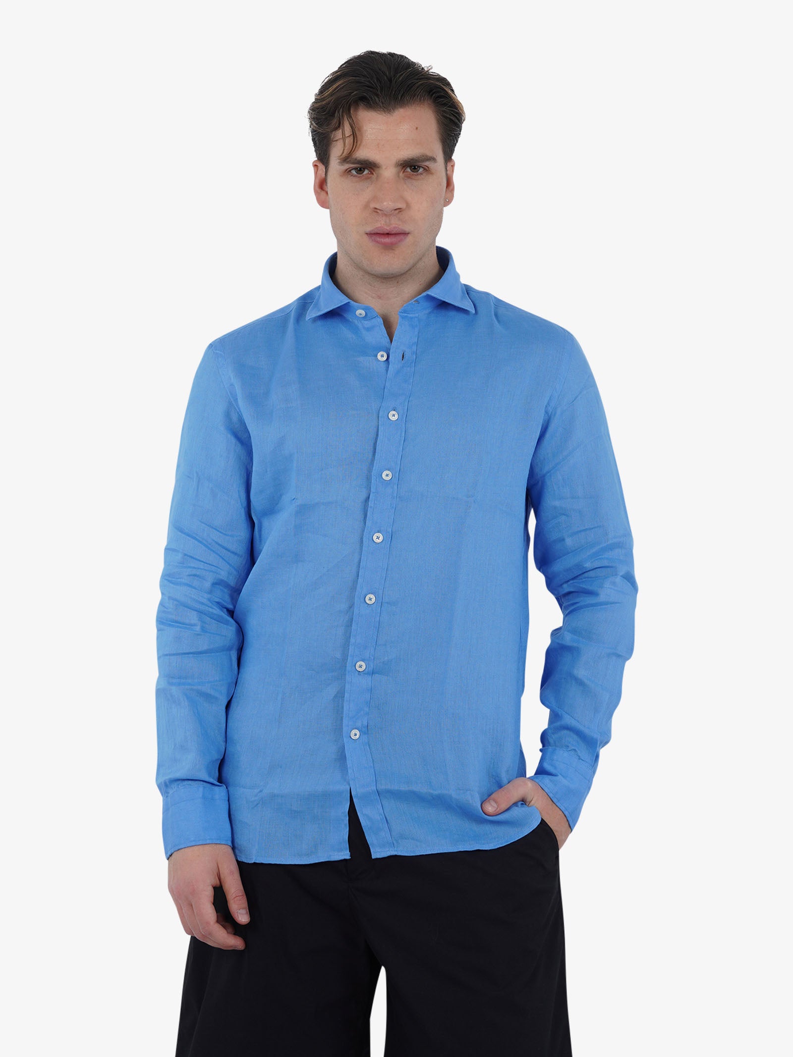 BASTONCINO Camicia Simo collo 164 B050 uomo lino azzurro