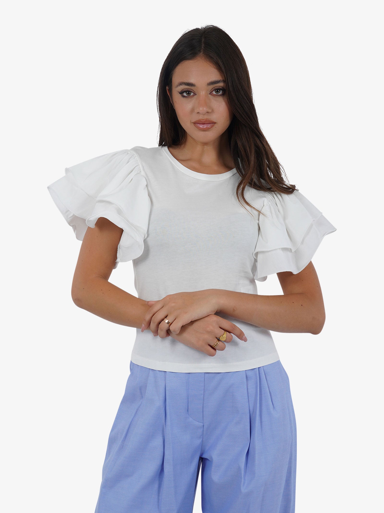 HAVE ONE T-shirt con volant TMI-L013 donna cotone bianco