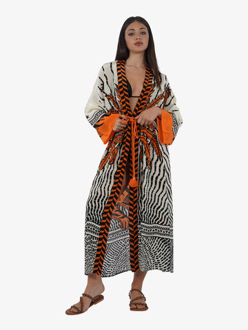 PIN UP Copricostume kimono lungo stampa tiger PE158A donna viscosa nero