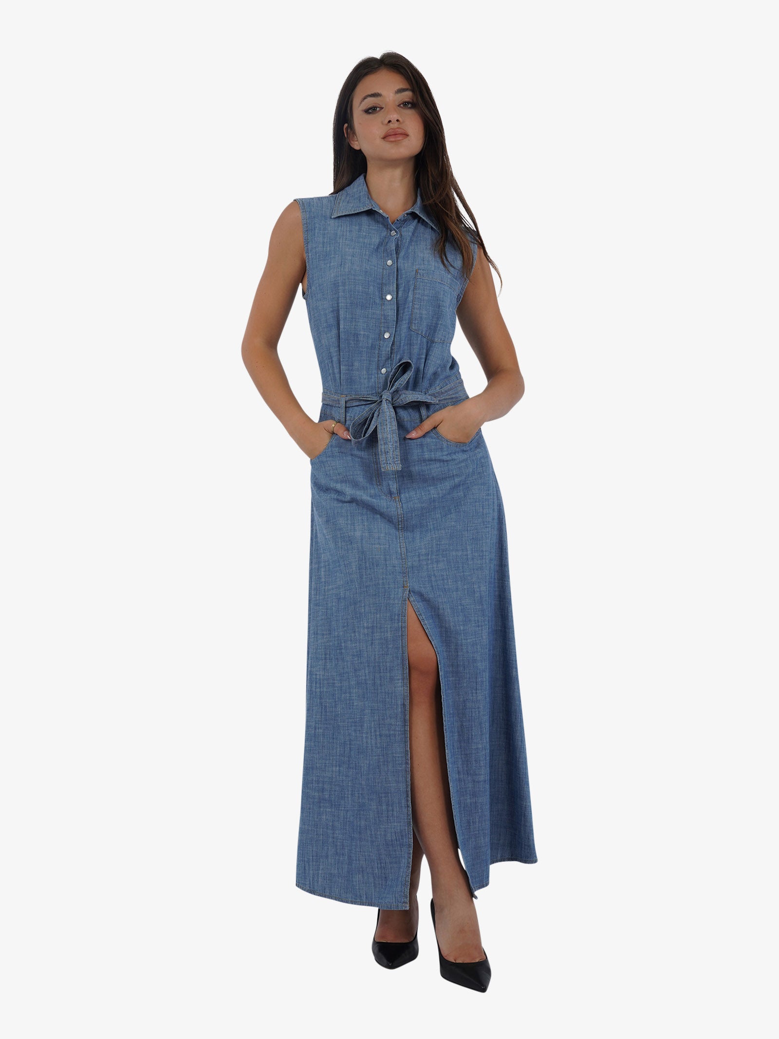 SEMICOUTURE Abito lungo con cintura in chambray S4SY16 donna cotone denim