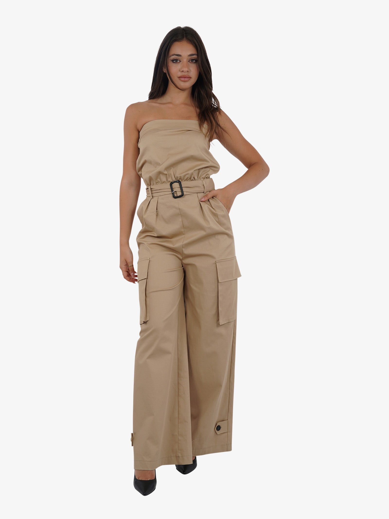 VICOLO Jumpsuit senza spalline TB0071 donna cotone beige