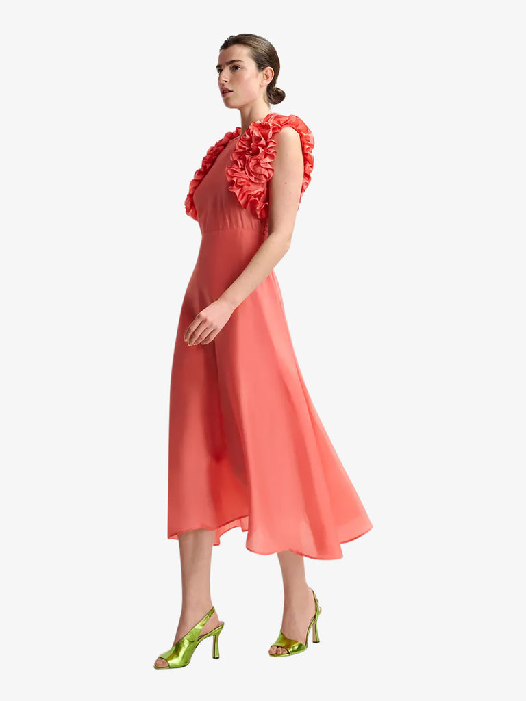 ESSENTIEL ANTWERP abito midi con volant donna rosa seta