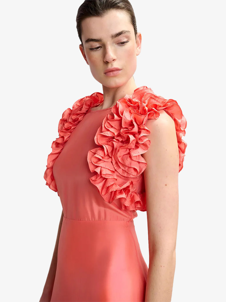 ESSENTIEL ANTWERP abito midi con volant donna rosa seta