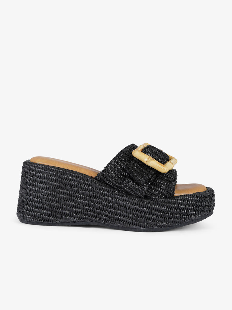 EXE' sandali con zeppa punta squadrata donna rafia nero