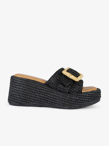 EXE' sandali con zeppa punta squadrata donna rafia nero