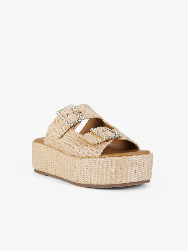 EXE' sandali con zeppa punta squadrata donna rafia beige