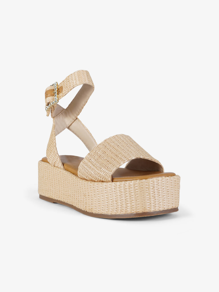 EXE' sandali con zeppa punta squadrata donna rafia beige