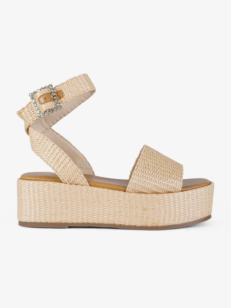 EXE' sandali con zeppa punta squadrata donna rafia beige