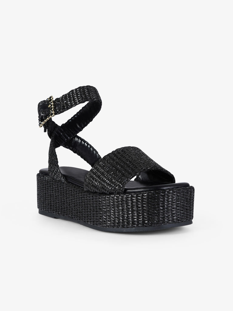 EXE' sandali con zeppa cinturino donna rafia nero
