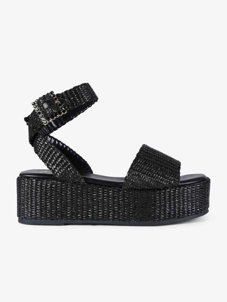 EXE' sandali con zeppa cinturino donna rafia nero