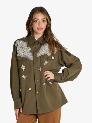 HAVE ONE camicie donna tinta unita con applicazioni verde