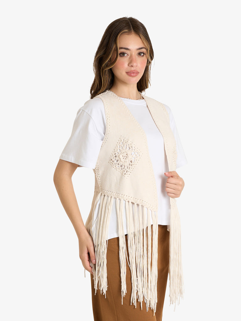 HAVE ONE gilet donna sfrangiato beige poliestere