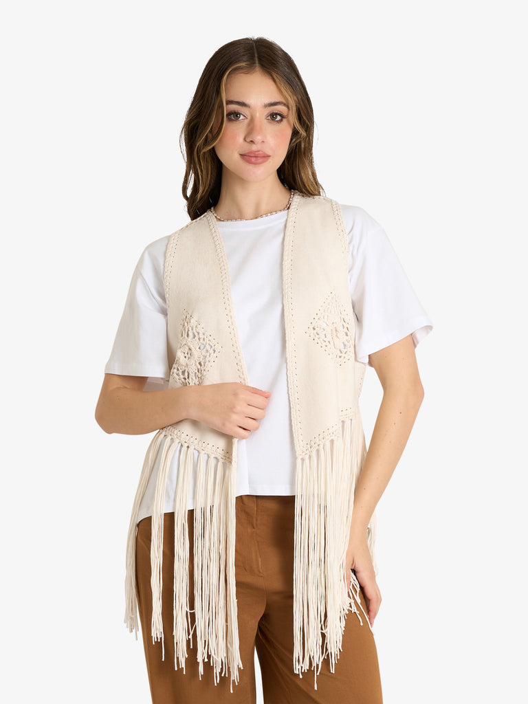 HAVE ONE gilet donna sfrangiato beige poliestere