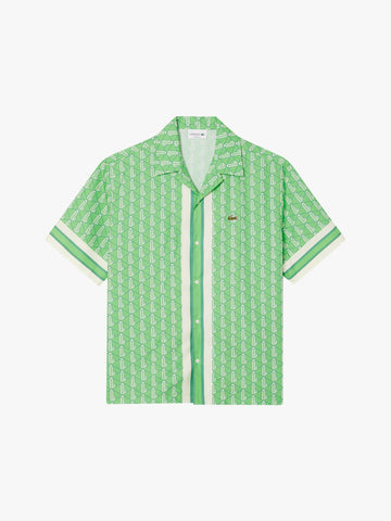 LACOSTE Camicia taglio dritto con monogramma uomo verde cotone
