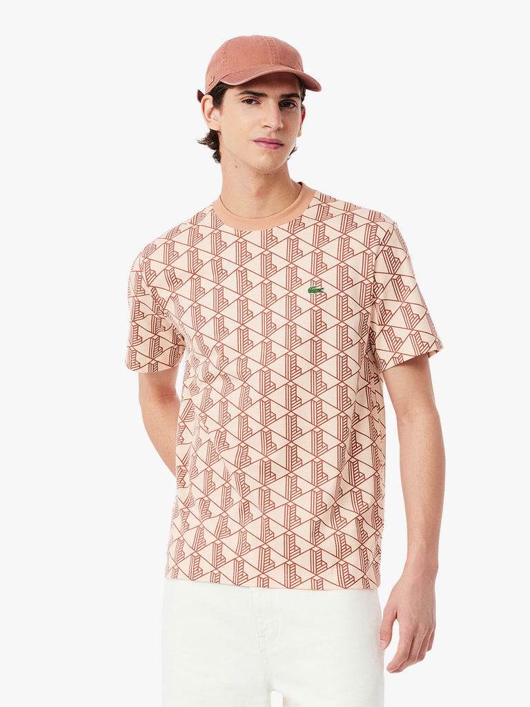 LACOSTE T-shirt con monogramma uomo beige cotone