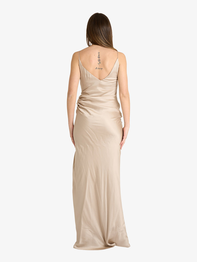 MERCI abito lungo con drappeggio laterale donna beige viscosa