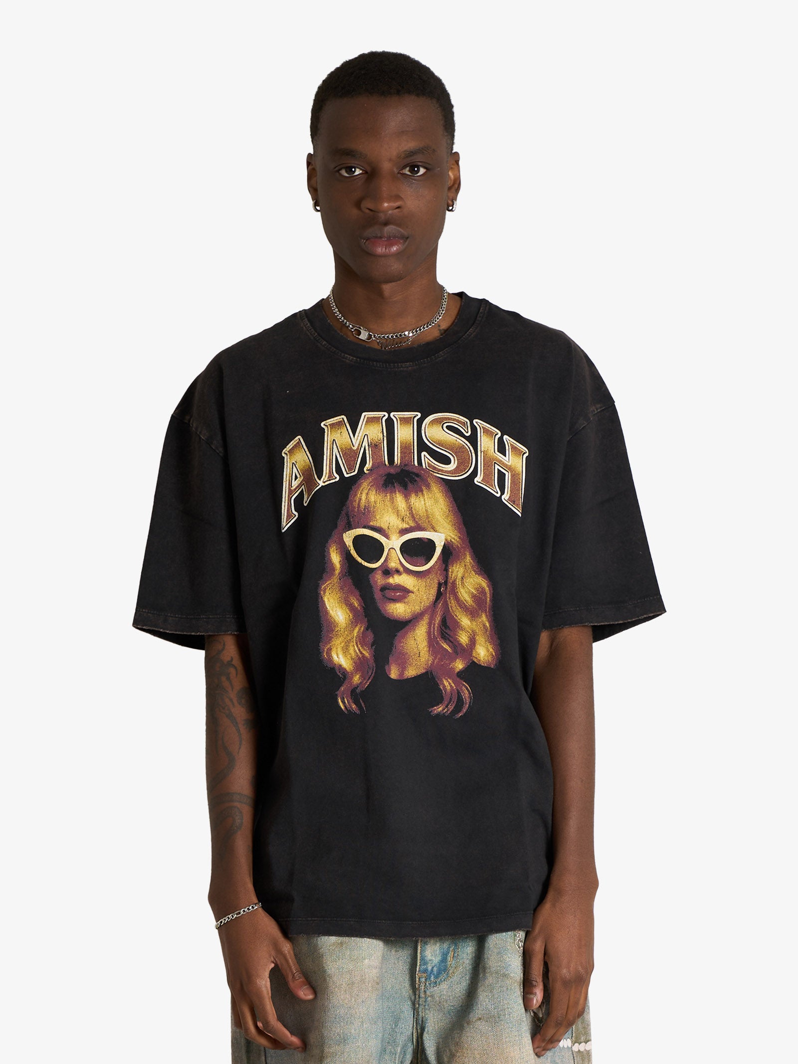 AMISH long hair marble broken man black t-shirt