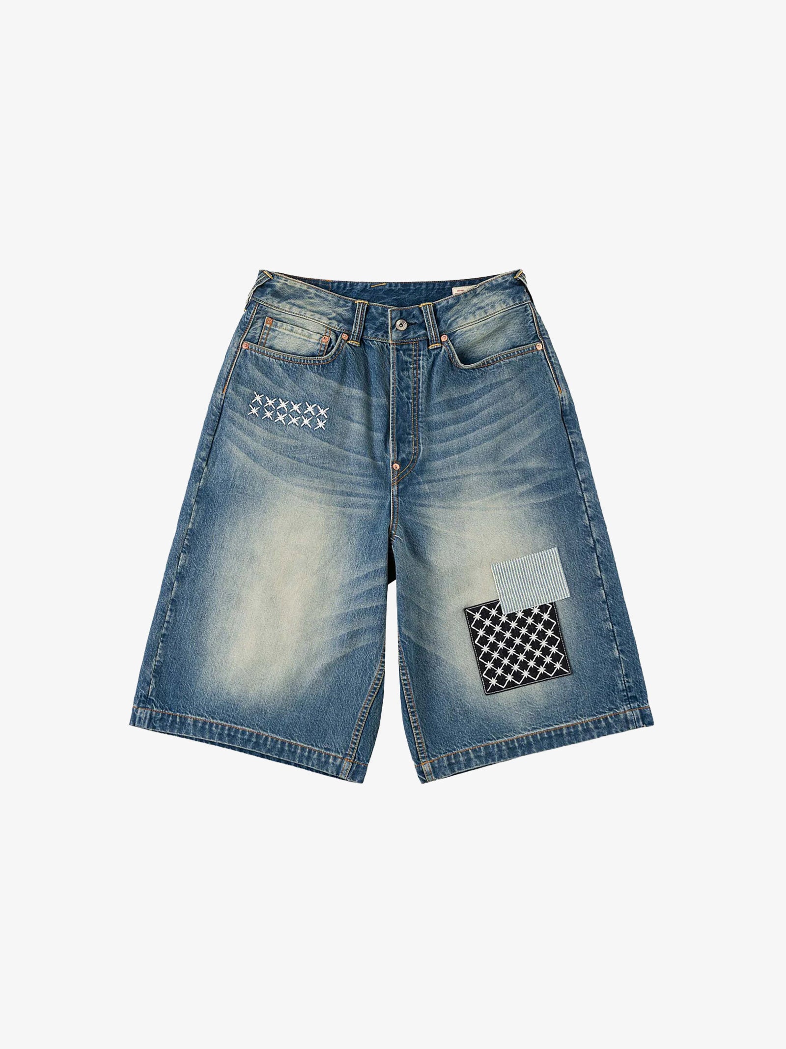 EVISU men's sashiko patch denim shorts