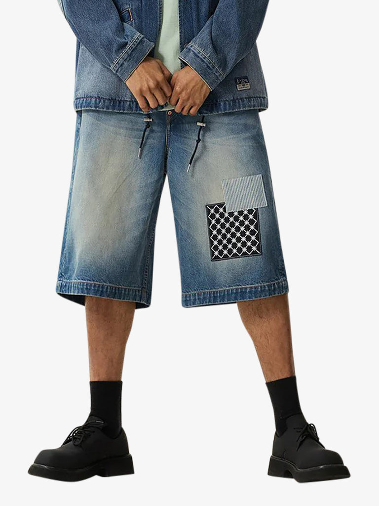 EVISU men's sashiko patch denim shorts