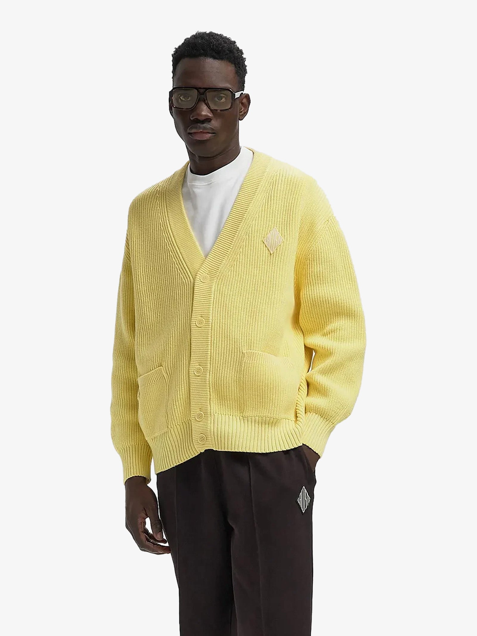 LACOSTE relaxed fit ribbed cardigan yellow cotton