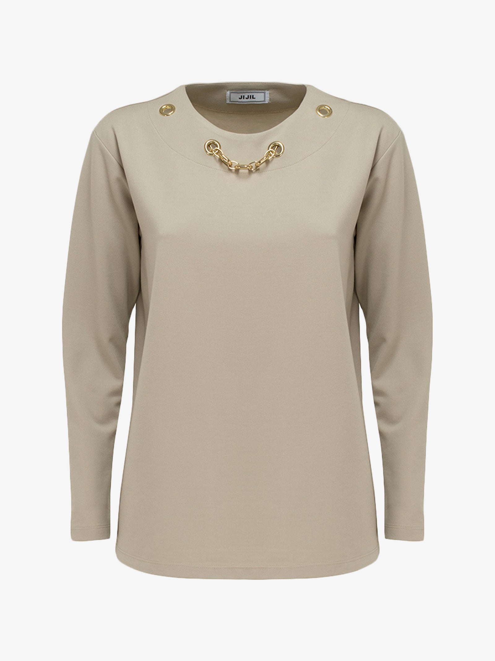 JIJIL Maglia a maniche lunghe donna in viscosa beige con catena oro