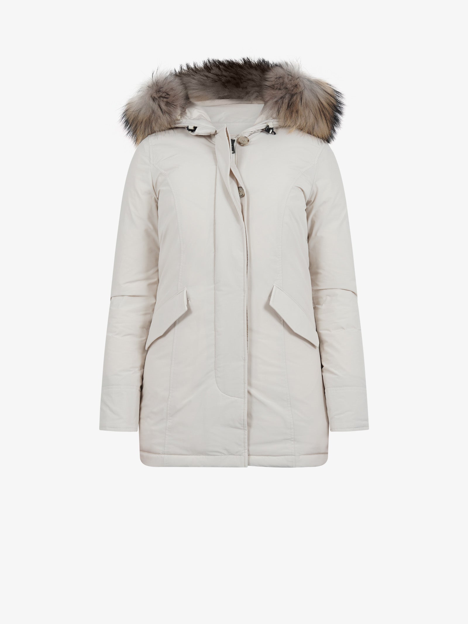 WOOLRICH Parka Luxury Arctic Raccoon donna panna in Urban Touch con pelliccia removibile