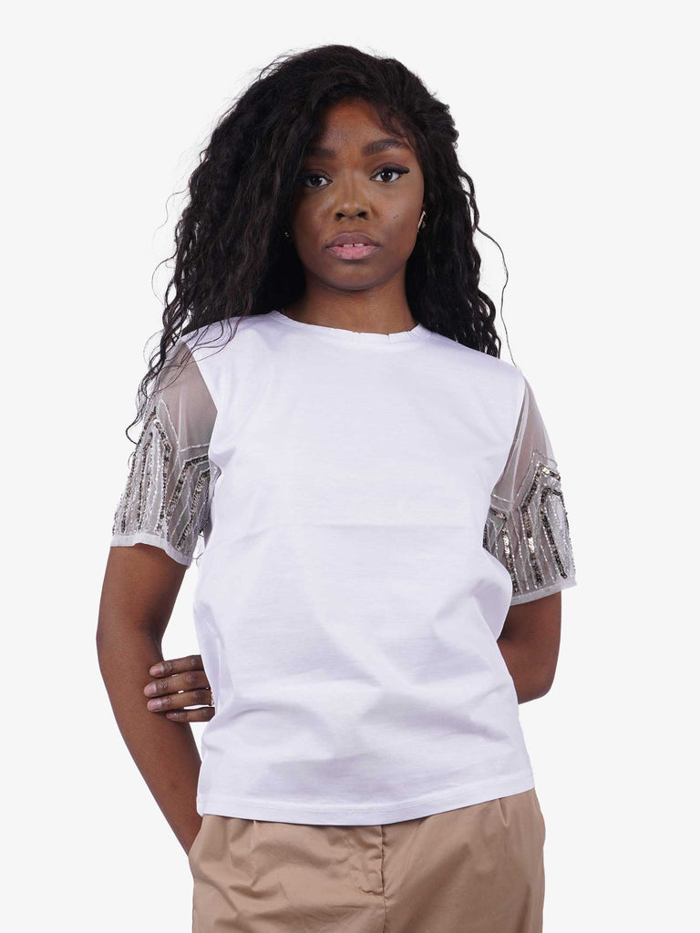 Women's white Tshirt with sleeve detail